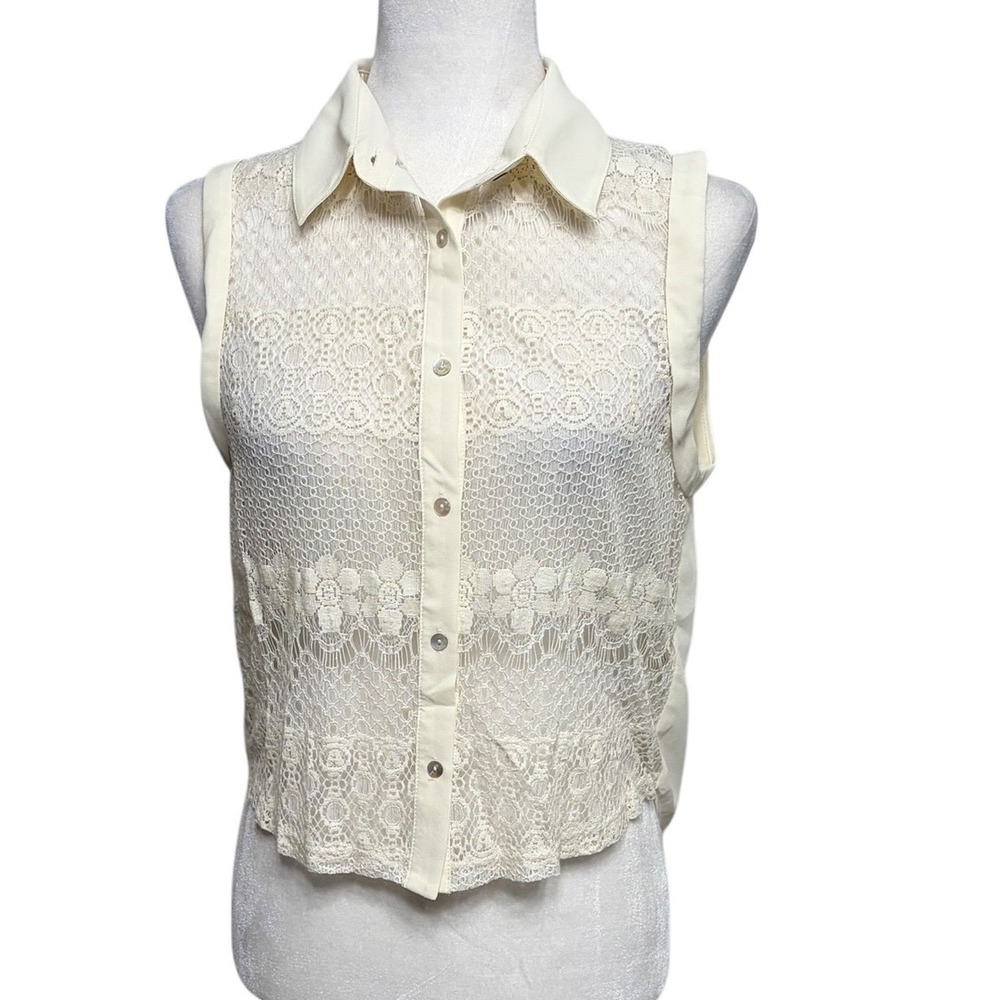 NWT Arden B Womens Ivory Floral Lace Sleeveless Button Down High Low Top Size S
